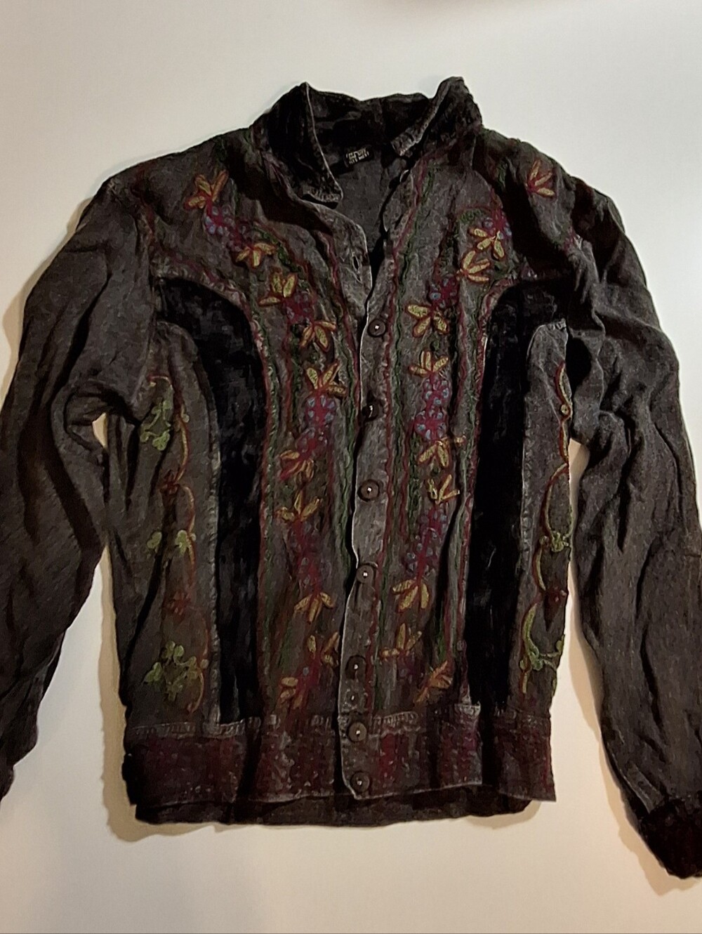 Sacred Threads Embroidered Black Floral Button-Up Jacket With Velvet Accents